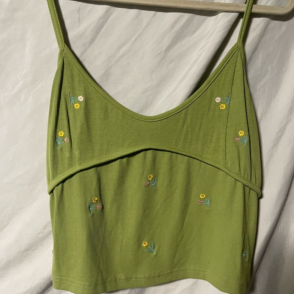Green floral embroidery crop top
